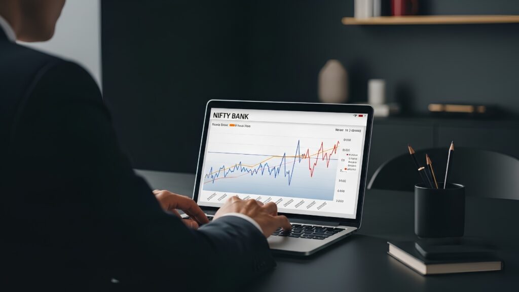 Financial analyst reviewing Bank Nifty index charts on a computer screen