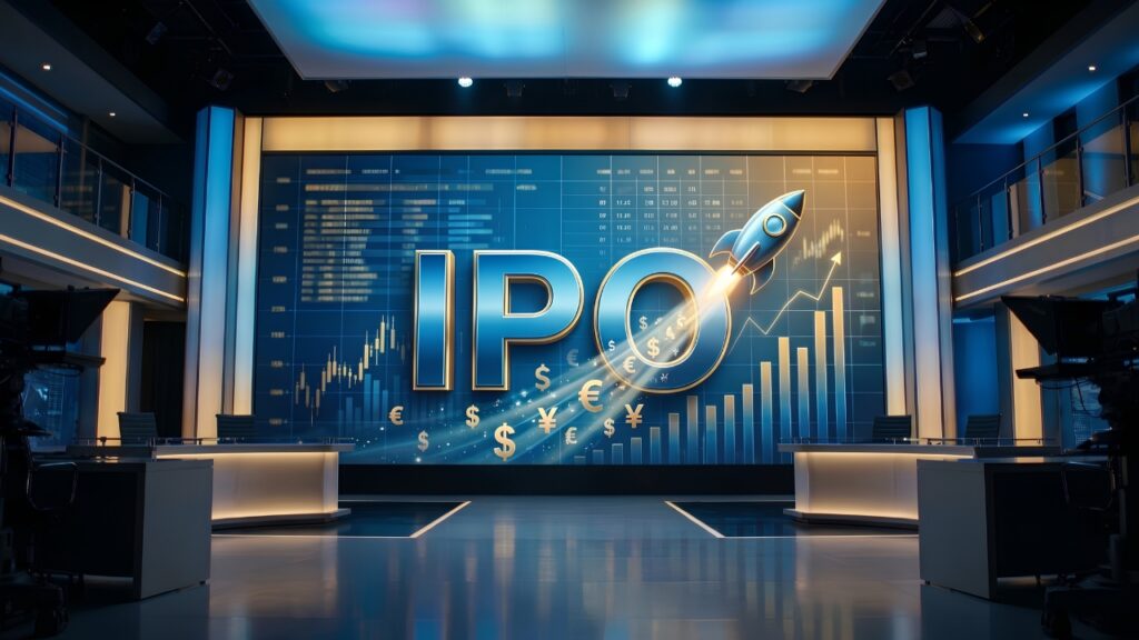 High-tech media display in a financial news studio showing IPO branding with a rocket graphic and stock market data, symbolizing Upcoming IPOs.